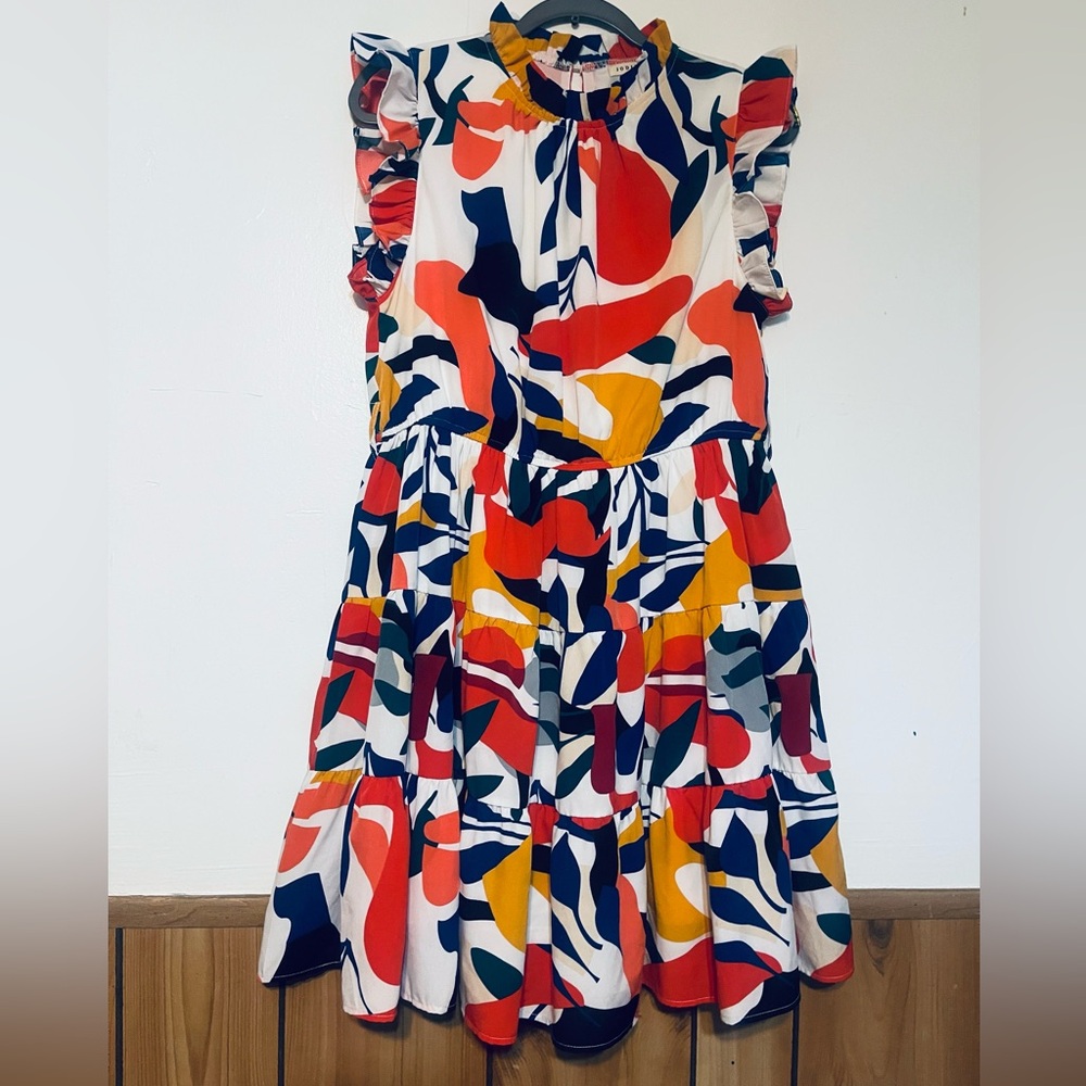 JODIFL Multicolor Abstract Midi Dress - White, Red, Navy, Mustard